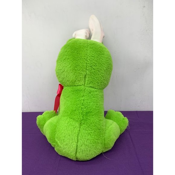 Walmart Green Frog Pink Bow Bunny Ears Easter 14.5 Inch Plastic Eyes Plush Stuff - Picture 3 of 11